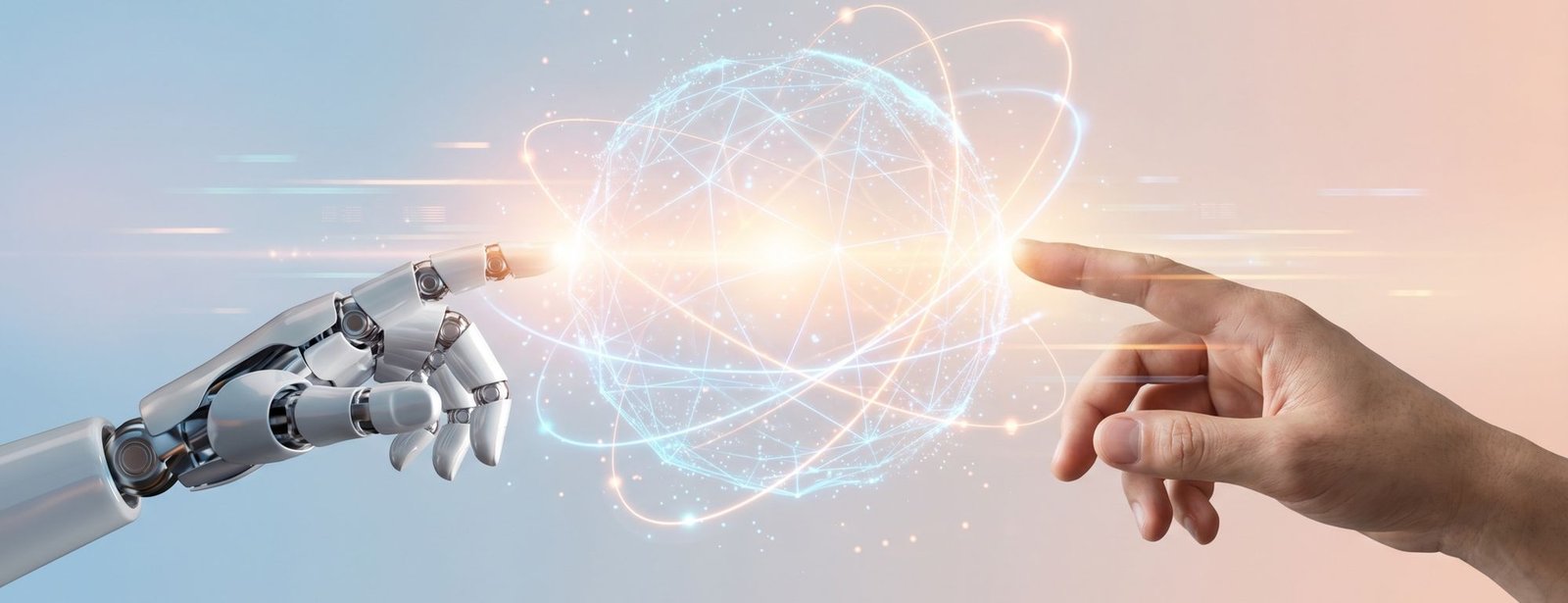 A robotic hand and a human hand reaching toward each other, almost touching