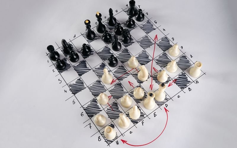 Chess pieces mid-game with arrows sketched on the board